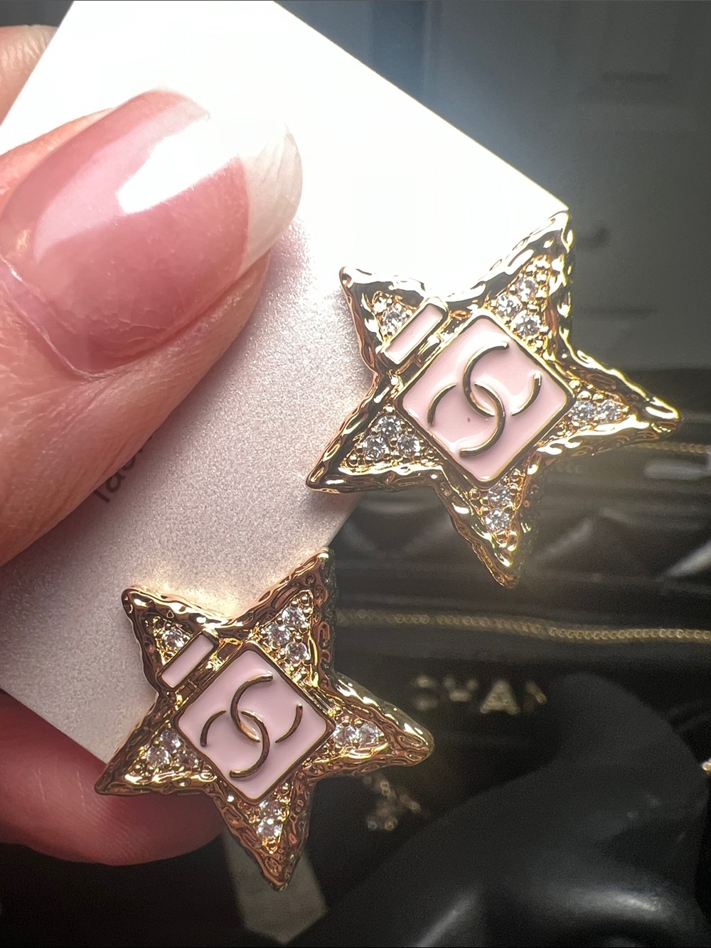 Inspired Gold Star Earrings with Pink Enamel Logo